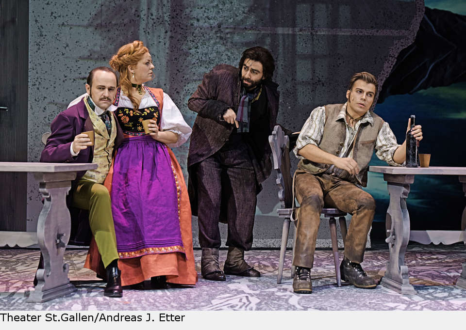 Reinwald Kranner als Felice Giordano, Juliane Bischoff als Marcella Favre, Countertenor Luigi Schifano als Luc Meynet und Benjamin Oeser als Antoine Carrel im Musical „Matterhorn“. matterhorn musical stgallen 03